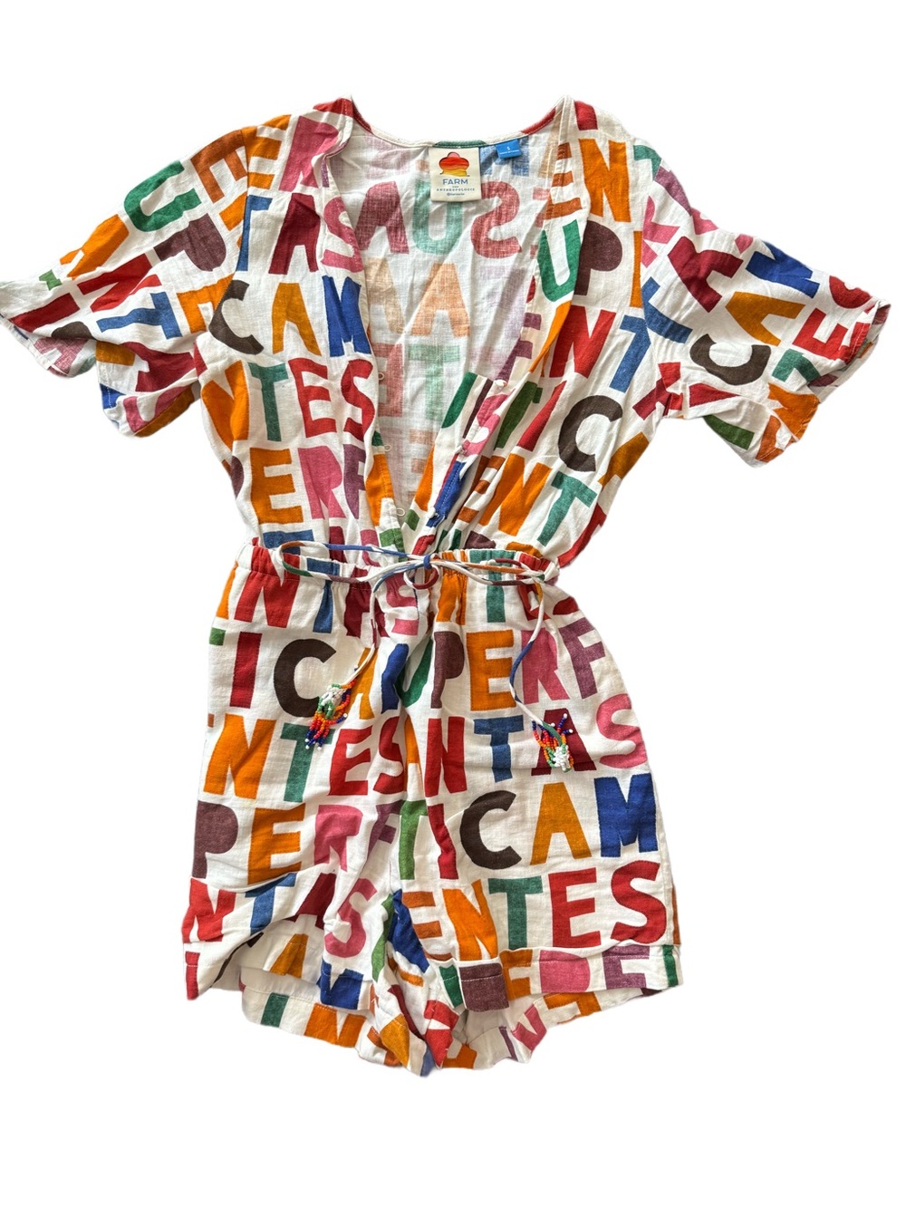 FARM Rio X Anthropology Multicolor Letter-Print Short Jumpsuit Romper